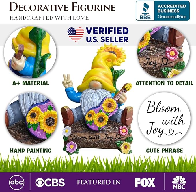 Spring & Summer-Themed Garden Statues – Adorable Outdoor Decor for Lawn, Patio & Porch (Bloom with Joy Sunflower Gnome 10" Garden Statue Figurine with Guitar, Spring and Summer Home Decoration)