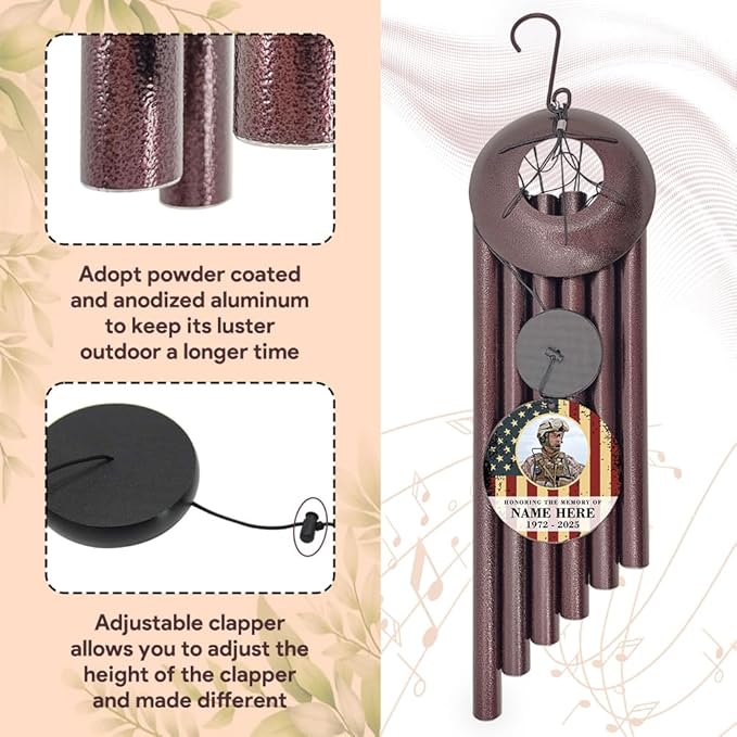 36inch Personalized Wind Chimes, Memorial Wind Chimes for US Veteran, Wind Chime for Loss of Loved Dad/Mom, Sympathy Memorial Gifts, Thank You Veteran Solider (Produced in USA)
