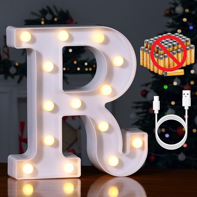 Foaky Rechargeable LED Letter Lights Sign Marquee Light Up Letters Sign for Night Light Wedding/Birthday Party Christmas Lamp Home Bar Decoration (R)