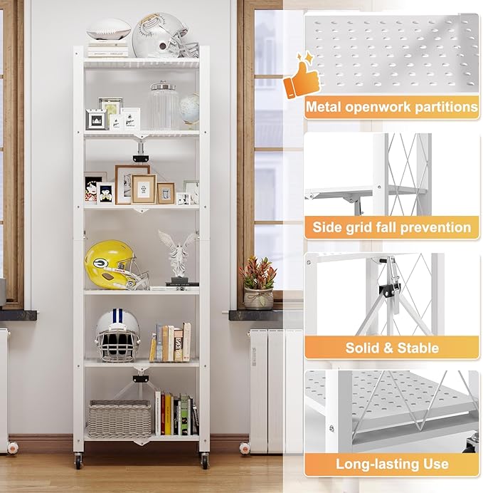 BAYOYONI 6 Tier Industrial Bookshelf - Storage Shelves with Two Usage Modes - Foldable Metal Bookshelves for Living Rooms, Offices, and Bedrooms (White, 6 Tier)