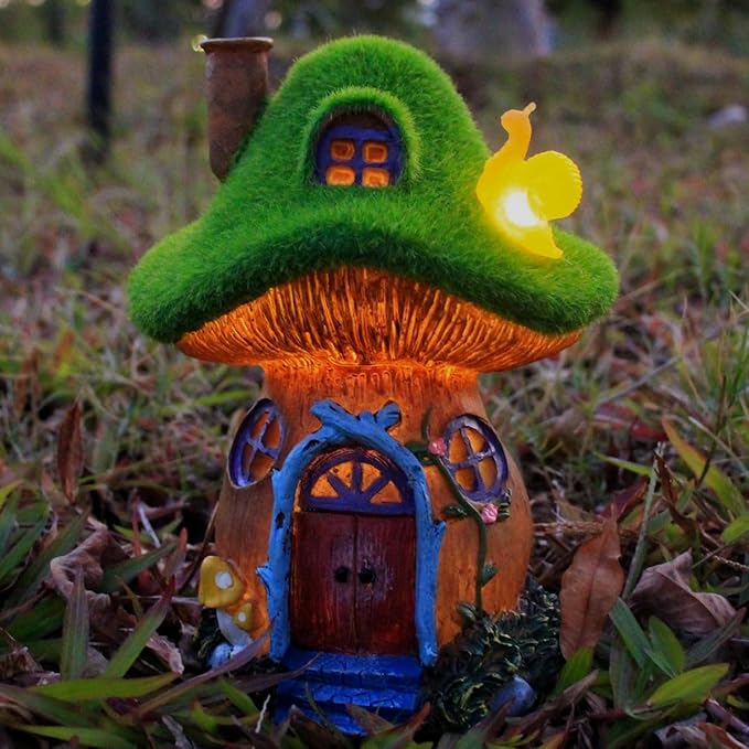 Mushroom Garden Statues,Outdoor Fairy House Figurine with Solar Powered Garden Light, Gifts for Women Mom Grandma Halloween Decor or Yard Decor (Resin)