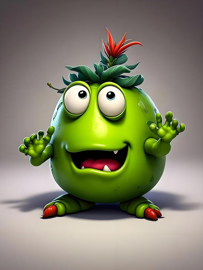 Cute Green Monster Resin Figurine Indoor Outdoor Garden Statue Whimsical Funny Desk Decor - Little Alien Creature with Red Flower/Sprout, Unique (Green)