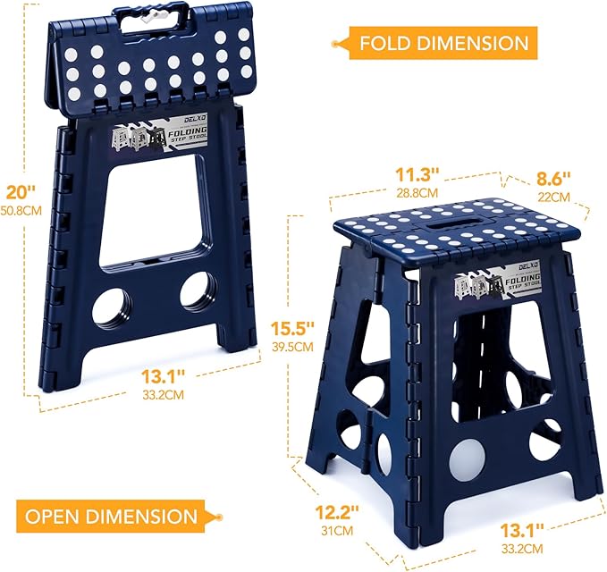 Delxo 16 Inch Folding Step Stool,Foldable Stool for Adults,Portable Collapsible Plastic Stepstool,Non Slip Folding Stools for Kitchen Bathroom Bedroom Up to 400LBS,(Royal Blue 1PC)