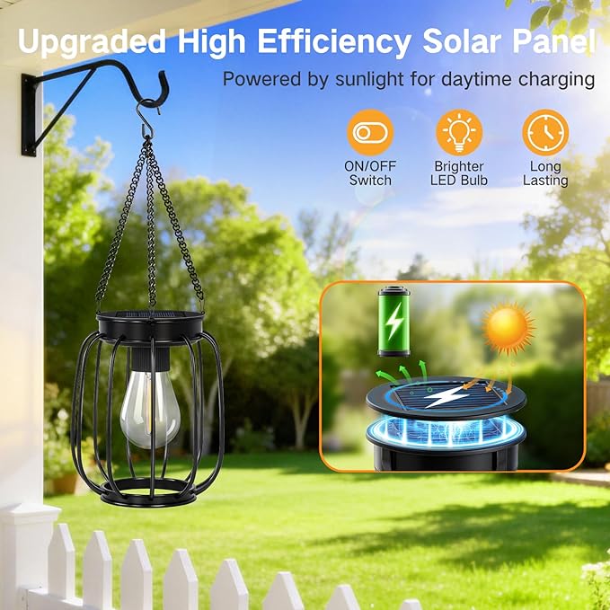 Outdoor Solar Lanterns, Waterproof Vintage Metal Hanging Lights with Warm White LED, Auto On/Off, Brighter Decorative Lanterns for Garden Patio Yard Porch, Gifts for Women Mom, 4 Pack