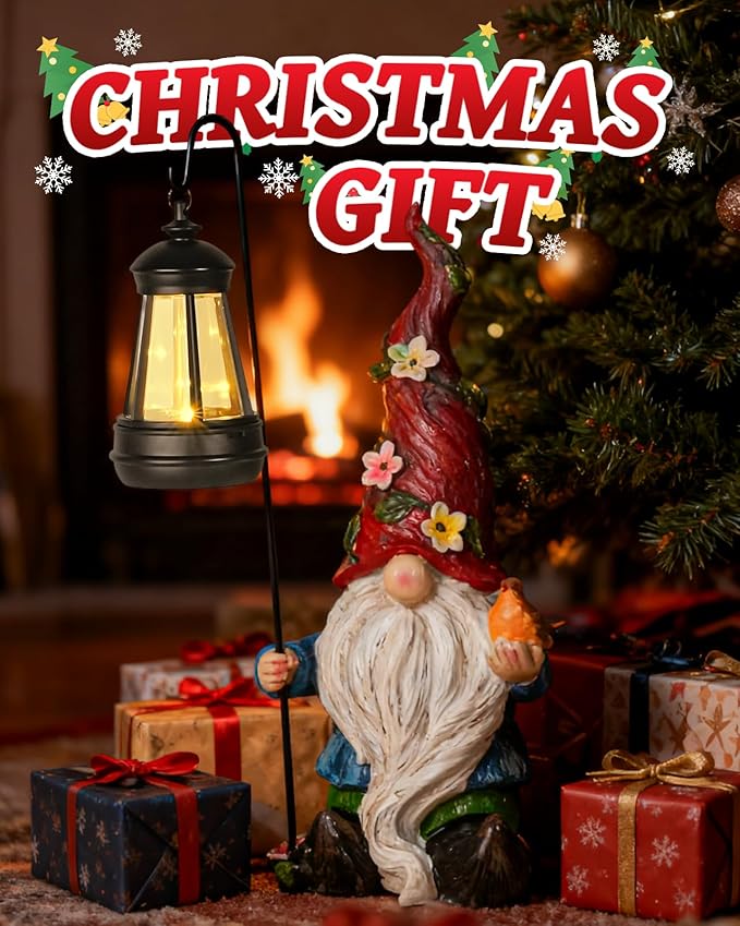 Christmas Gnomes Outdoor Statue with Solar Lights,Solar Garden Gnomes Decorations for Yard Patio Outside Gnome Garden Decor, Gnomes Gifts for Women Mom