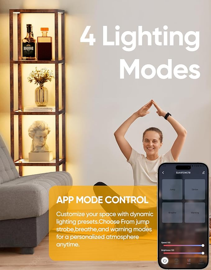 PARTPHONER Floor Lamp Glass Display Shelf with Remote/APP Control, Dimmable LED Floor Lamp with Shelves, Open Display Cabinet, Color Temp Control (2700K-6000K), Rustic Brown