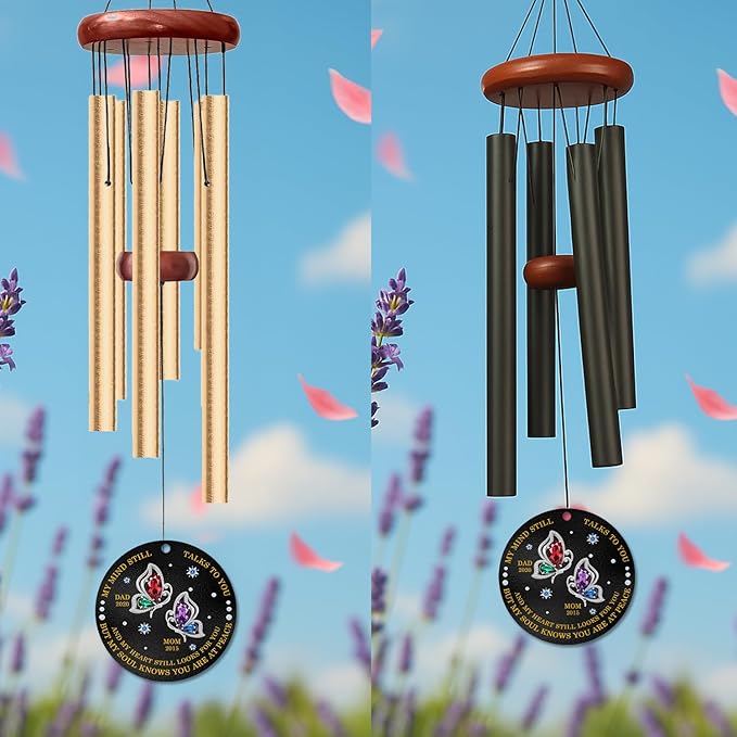 Personalized Butterfly Memorial Wind Chime – “My Mind Still Talks to You” Custom Engraved Names & Years – Sympathy Gift for Loss of Parents or Loved Ones – Outdoor Memorial Windchime Keepsake