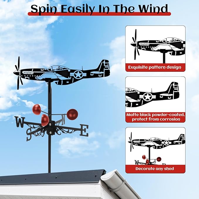 3D Fighter Weathervane Metal Wind Vane Weathercock,Roof Mount Weather Vane for Garden Farmhouse Yard Chicken Coop Patio Outdoor Decoration