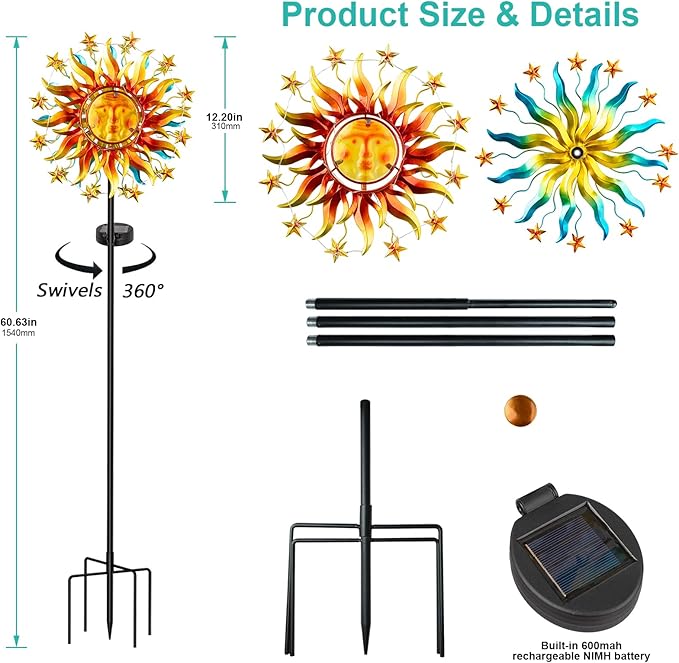 Solar Wind Spinners for Yard Garden - 60.3 Inch 360° Metal Sun Wind Sculptures Outdoor Clearance Kinetic Windmills with Vine String Shining LED Lights for Patio, Lawn Xmas Garden Decoration