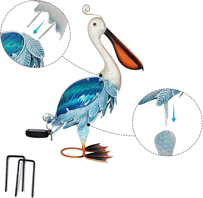 HONGLAND Solar Metal Pelican Statues Garden Sculpture & Statues, 19 Inch Glass Outdoor Pelican Yard Art Coastal Ocean Bird Decor Lawn Ornament for Backyard Porch Patio Decor（Blue）