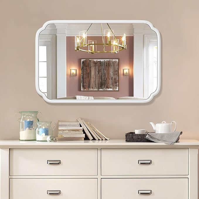 White Bathroom Mirror for Over Sink 24×36 Inch - Multi-Size Durable Iron Frame, Shatterproof Glass, Versatile for Bathroom/Bedroom/Living Room Decor (Horizontal or Vertical Mount)