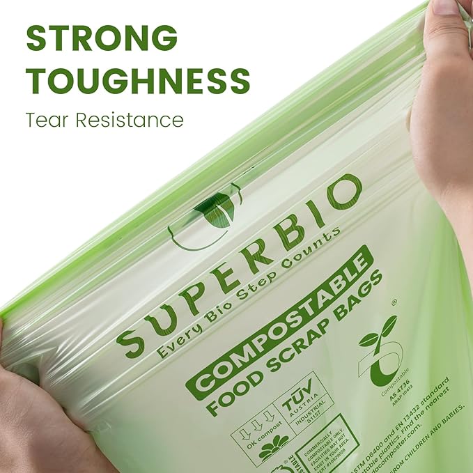 SUPERBIO 13 Gallon Handle Tie Compostable Food Waste Bags, 2 Pack, ASTM D6400