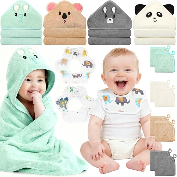 14 Pcs Baby Towels Washcloths and Baby Bibs Set, 4 Pcs 32x32 Hooded Bath Towel, 8 Pcs Baby Washcloths and 2 Pcs Cotton Baby Bibs for Newborns, Toddlers and Kids, Soft Baby Towel Set for Boys and Girls