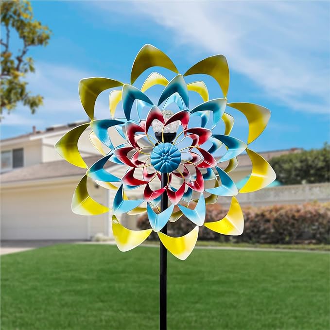 Outdoor Wind Spinner with Garden Stake 82.7" Metal Two-Way Wind Sculptures Solar Color Changing Lights Large Windmills for Garden,Patio,Yard,Lawn Decor Gifts Flower