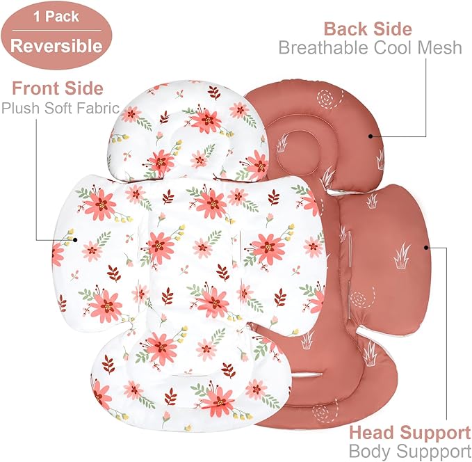 KAKIBLIN Infant Car Seat Insert, Baby Car Seat Cushion, Car Seat Head Support for Infant,Breathable Reversible Carseat Insert Support for Newborn Stroller, Baby Swing, Bassinets, Pushchair (Pink)