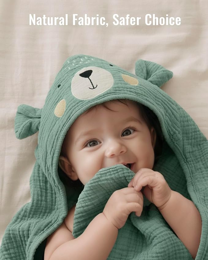Blissful Diary Muslin Baby Hooded Towel, Soft and Absorbent Bath Towel for Newborn, Infant, Toddler, Unisex, 32″x32″ - Smart Bear