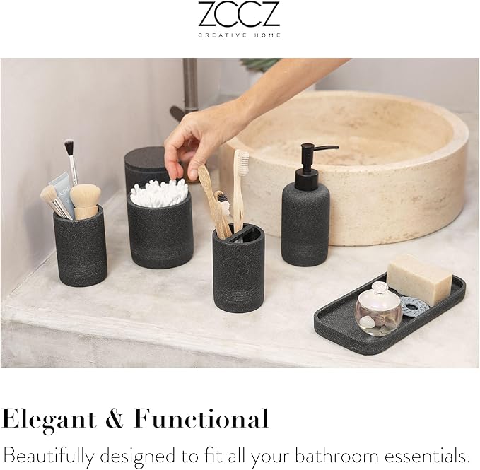 ZCCZ Black Stone Bathroom Accessories Set 6 Pieces - Toothbrush Holder, Lotion Dispenser, Qtip Container, Vanity Tray, Tumbler - Countertop Organizer for Bathrooms - Elegant and Functional Décor Set