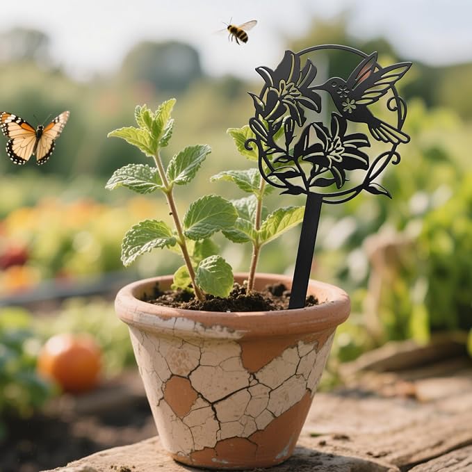 CUTHOLLOW Metal Plant Marker Stake Hummingbird and Flower for Outdoor Indoor, Waterproof 11.8 inch Cute Garden Plant Labels Sign Tag for Vegetables, Farmhouse Greenhouse Decor - Funny Gardening Gifts