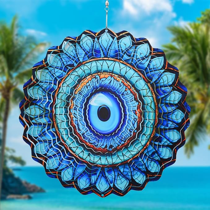 3D Wind Spinner Mandala 10 Inch Evil Eye Stainless Steel Wind Sculpture Blue Hanging Ornament Laser Cut Metal Art for Indoor Outdoor Garden Decoration Protective Amulet for Home and Yard