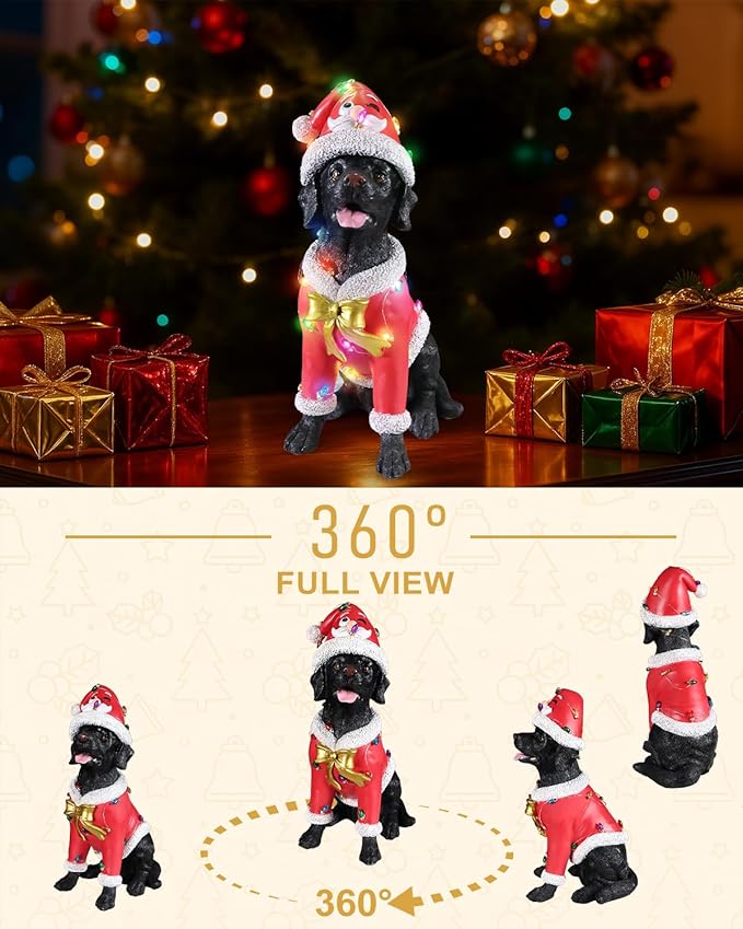 Christmas Outdoor Decoration Dog Statue, LED Light Cute Labrador Dog Sculpture with Pink Santa Outfit & Lights for Garden and Yard, Indoor Holiday Décor Gift for mom and dad