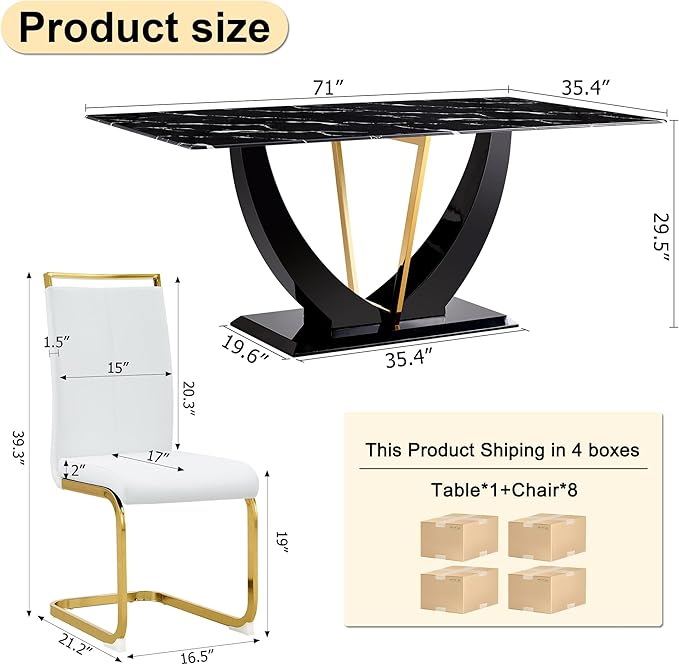 71" Dining Table Set for 8, Black Faux Marble Dining Room Table Set for 8, Large Rectangular Kitchen Table Set and PU Leather Chairs,Tempered Glass Glossy Table with Golden Leg