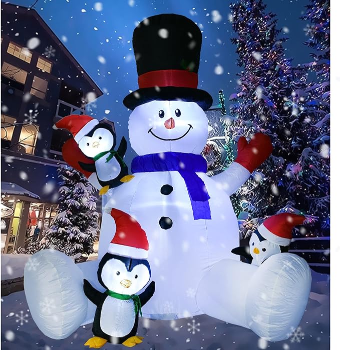 DearHouse 7Ft Lighted Christmas Inflatable Snowman with Three Cute Penguins, Building 3 LED Lights Outdoor Indoor Holiday Decorations Blow up Yard Inflatables Home Decor