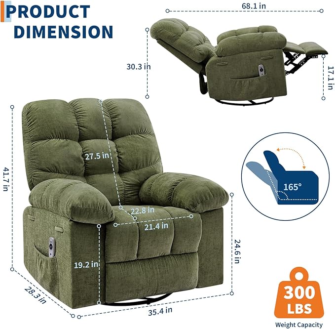 Rocking Recliner Chair with Vibration Massage & Heat, 360° Swivel Oversized Rocker Recliner with Side Pocket for Living Room, Bedroom & Nursery