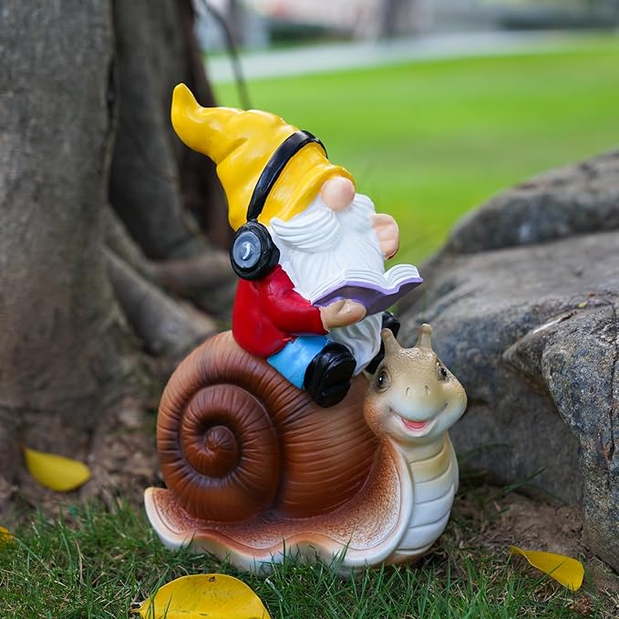 Ferrisland Garden Gnomes Snail Outdoor Figurines with Solar Lights, 10.4 inches Resin Solar Gnomes Decoration Yard Outdoor Garden, Patio Yard Lawn Birthday Housewarming Mother's Day（Gnome on Snail）