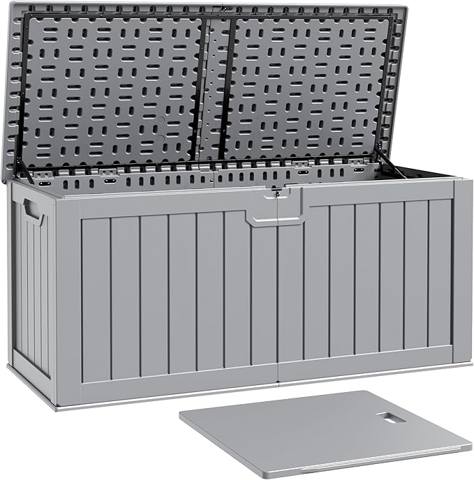 Patiowell 240 Gallon Large Outdoor Storage Box, Waterproof Deck Box with Fixed Divider, Lockable and Durable Patio Storage Solution for Patio Furniture and Garden Tools (Grey)