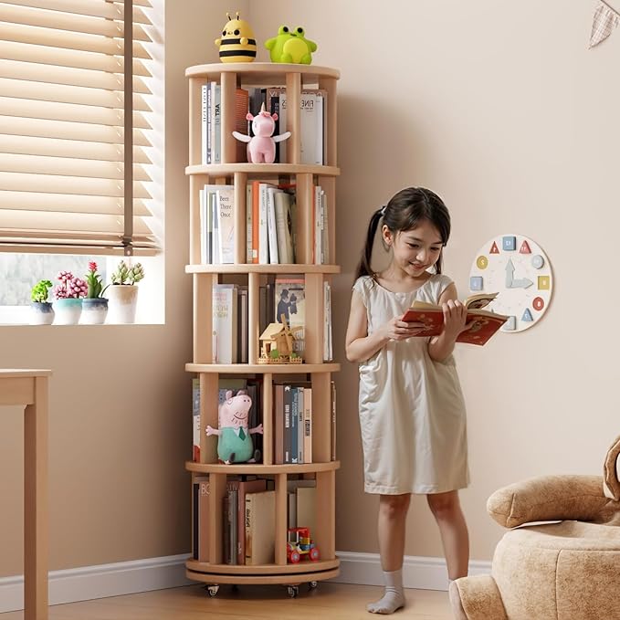 Solid Wood Rotating Bookshelf on Wheels, 5 Tier, Round Revolving Bookcase, 360° Spinning Book Shelf Tower for Kids, Narrow Rolling Bookshelves for Small Space, Corner, Bedroom, Office, Natural
