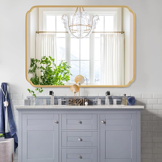 36 x 48 Inch Gold Bathroom Vanity Mirror for Wall with Non-Rusting Metal Frame Large Rounded Rectangle Mirror for Over Sink (Horizontal/Vertical)