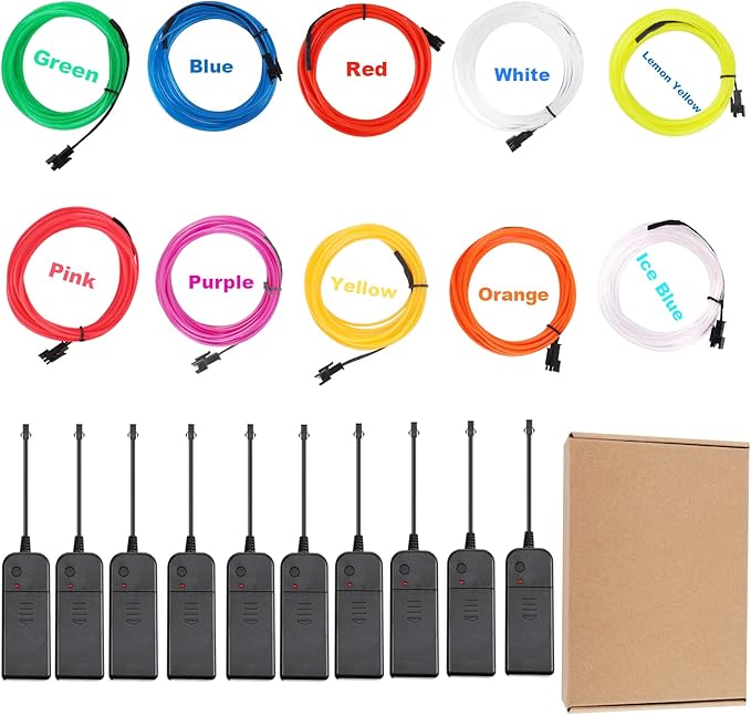 EL Wire 10 Pack-9.8ft Portable Neon Rope Lights Strip-Wearable Battery Pack Body Light-360°Illumination-Super Bright-Cuttable-DIY for Halloween Christmas Festival Party Bar Cosplay Costume