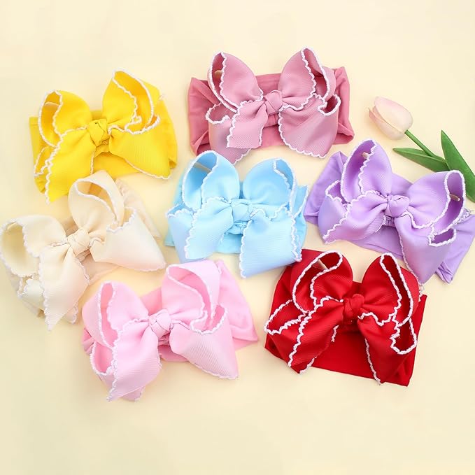 6'' Jumbo Blue Baby Girls Bow Headbands, Handmade Grosgrain Moonstitch Boutique Baby Headwraps, Super Stretchy Soft Nylon Headbands for Newborns, Infants & Toddlers
