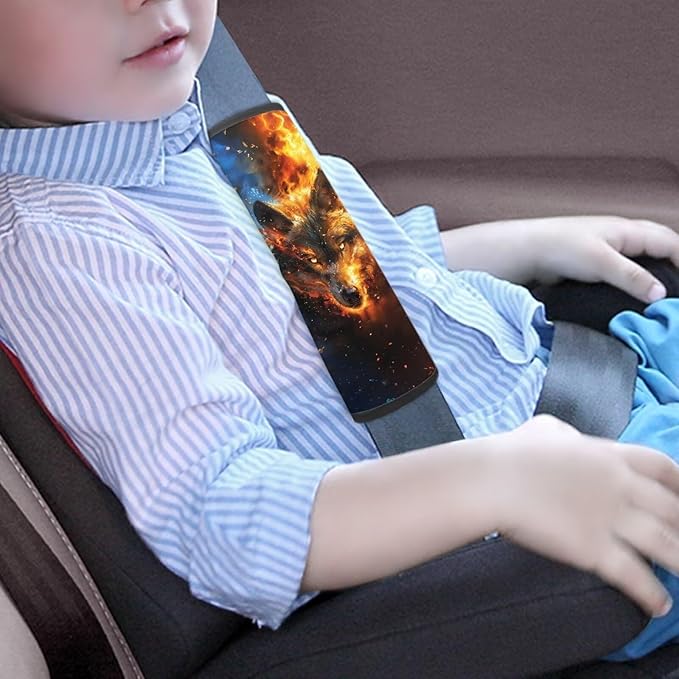 Biyejit Fire Wolf Baby Car Seat Neck Cover, Car Seat Strap Cover, Seat Belt Cushions Pads, Car Seat Harness Strap Cover, Shoulder Strap Protectors, Baby Neck Pad Protector 2PCS Set