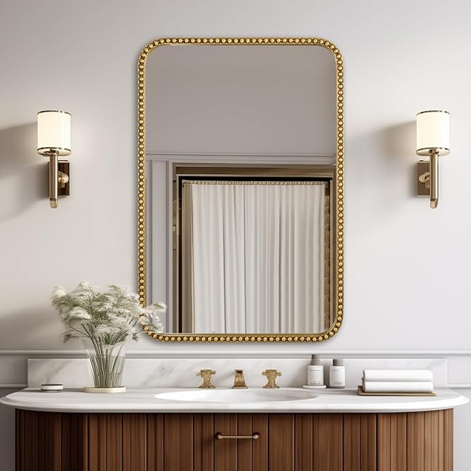 Wall Mirror for Bathroom - 30"x40" Rectangle Rounded Corner Beaded Frame Mirror, Large Vanity Mirror Hangs Horizontal or Vertical, Antique Gold