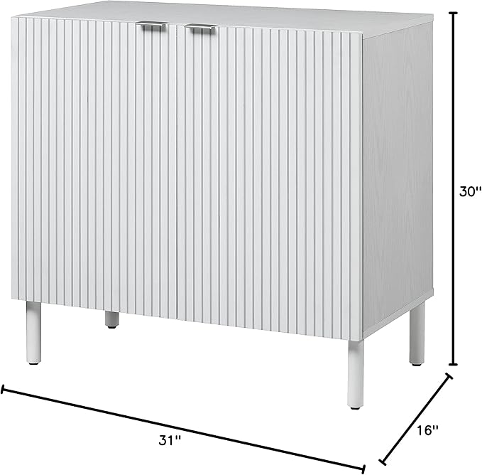 Sango Merk 2-Door Cabinet, Modern White Storage Cabinet with Vertical Groove Doors, Adjustable Shelf, Cylindrical Wood Legs, Discreet Metal Finger Pulls, Stylish Furniture for Living or Dining Room