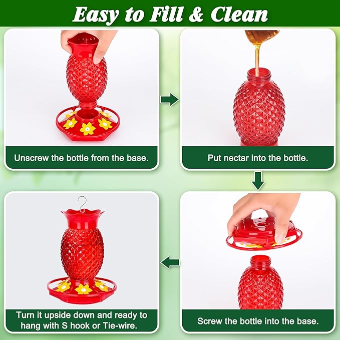 Glass Hummingbird Feeders for Outdoors Hanging Ant and Bee Proof Red 16OZ 1 Pack Pineapple Hummingbird Feeder with Leak Proof for Outside & 6 Feeding Ports Gifts for Women Garden Decor