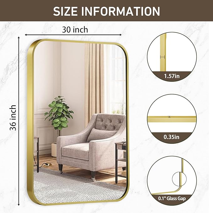 Matte Gold Mirror, 30x36 Inch Brushed Gold Mirror, Aluminum Alloy Framed Vanity Mirror, Rounded Rectangle Bathroom Mirror for Over Sink, Anti-Rust Wall Mirror (Horizontally or Vertically)