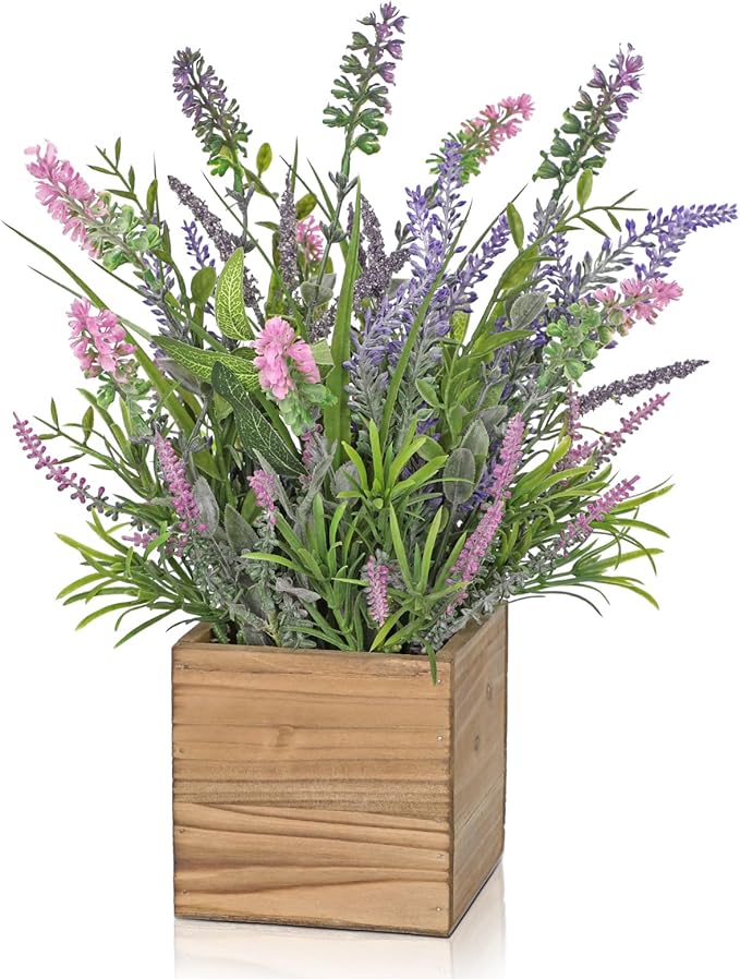 DILATATA Rustic Lavender Flowers Artificial Lavender Decor Fake Lavender Plant in Wooden Pot Faux Plants for Home Bathroom Table Centerpieces Wedding Decor Potted Lavender Flower Purple Decor