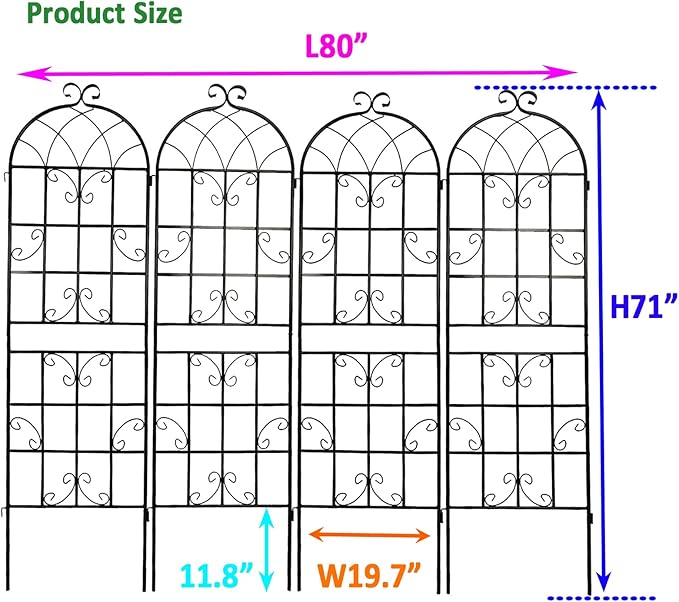 4 Pack Metal Garden Trellis 71" x 19.7" Black Fence Rustproof Garden Trellis for Climbing Plants Support Roses Flower Outdoor Lawn, Black