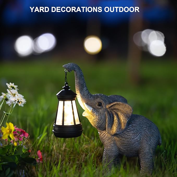 Solar Garden Statue Lights Elephants Figurine with Solar Lantern, Outdoor Yard Decorations for Patio Porch Home, Christmas Elephant Gifts for Women - Unique Housewarming Gifts