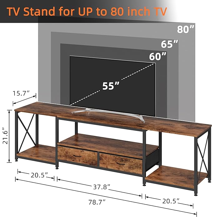 TV Stand with Fabric Drawers for 80 85 Inches TV - Entertainment Center and Industrial TV Console Table with Open Storage Shelves for Living Room, Bedroom- 79.1" Rustic Brown
