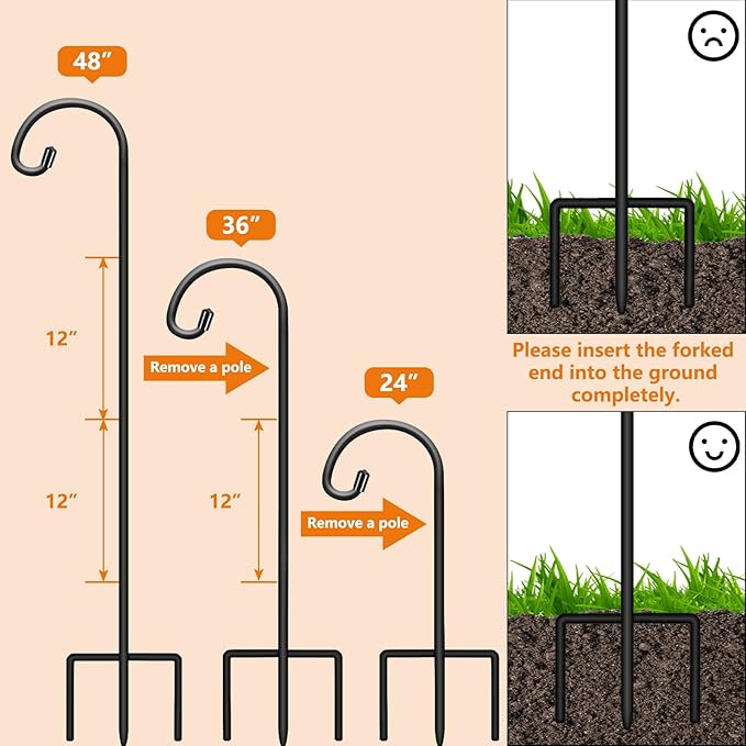 Gtongoko 48 Inch Shepherds Hooks for Outdoor 4 Pack Garden Hooks for Hanging Plants, Lanterns, Bird Feeders, Solar Lights, Mason Jars, Weddings Decor, Adjustable, Matte Black