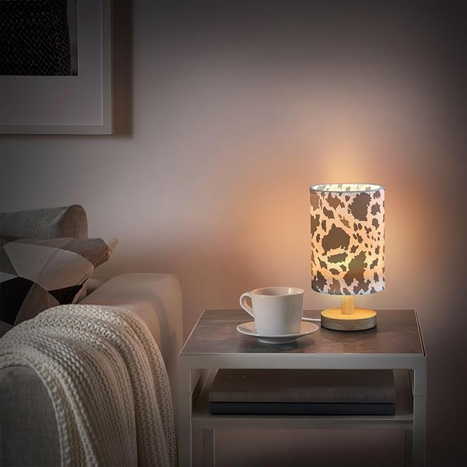 Bedside Table Lamp Cow Print Nightstand Lamp with Wood Brown Animals Skin Desk Lamps for Bedroom Living Room Nursery Office Home Decor