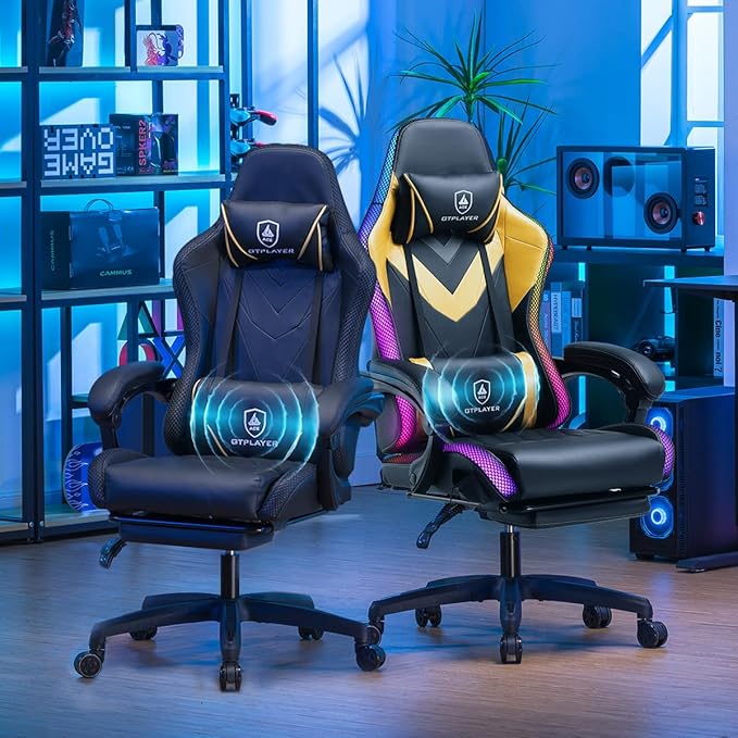 GTPLAYER Gaming Chair, RGB Gaming Chairs with LED Lights, Video Gaming Chair for Adults, Ergonomic Computer Gaming Chair with Linkage Armrest, Reclining Chair with Headrest (with Massage, Black)