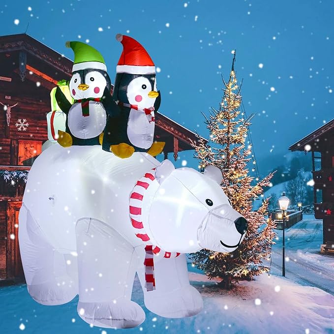 DearHouse 7FT Inflatable Christmas Polar Bear with Penguin and Gift, 5 Led Lights Xmas Holiday Blow Up Family Party Decoration Yard Lawn Favors Indoor Outdoor Inflatables