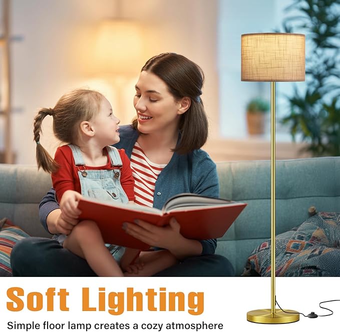 Ambimall 60'' Modern Floor Lamp with Shade, Tall Lamps for Living Room, Bedroom, Office, Dining Room, Linen Grey Shade with Brushed Gold Pole(Without Bulb)