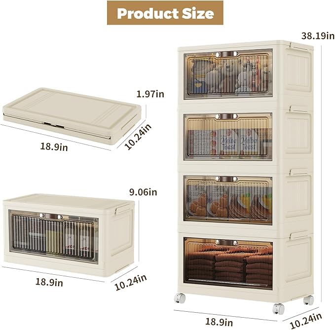 4 Tier - 34QT Storage Bins with Lids, Collapsible Storage Bins with Doors and Wheels, Plastic Storage Cabinet for Easy Storage and Organization for Living Room, Office