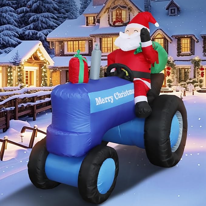 DearSun 5.5FT H Christmas Inflatable Santa Claus Drive Tractor with Build-in LED Lights, Blow up Christmas Inflatable Outdoor Decorations Large Party Yard Decoration