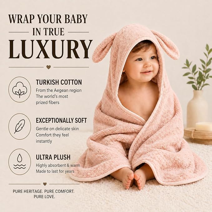 Turkish Organic Cotton Hooded Towels - Heritage Aegean Cotton, Organic Thick Bath Towels for Newborn, Best New Born Baby Girls Gift (Cozy Bunny, 30×30” — Petite Newborn Fit (0–12 Months))